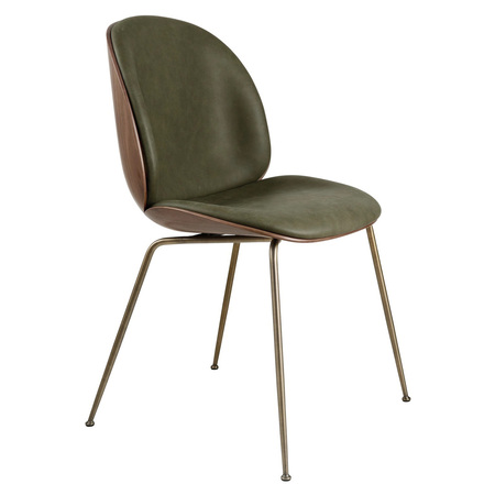 Gubi Beetle 3D Dining Chair Front Upholstered Conic Base Veneer Shell Black Chrome, American Walnut Semi Matt Lacquered, Army - Soft Leather