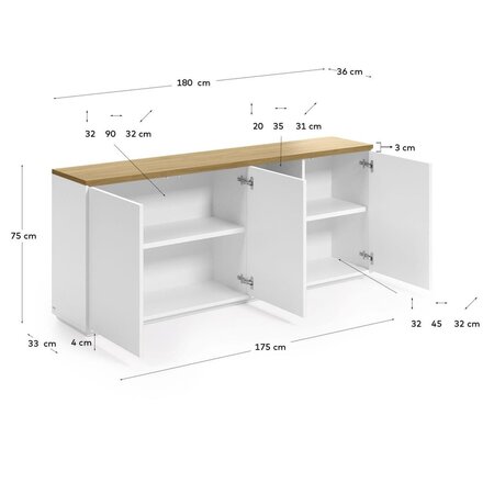 Kave Home ABILEN - Sideboard 180 x 75 cm-Weiß, Natur
