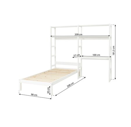 Hoppekids STOREY Bücherregal mit 2 Abschnitten 4 Einlegeböden Bettgröße 90x200 cm und Tischplatte in 100 cm weiß