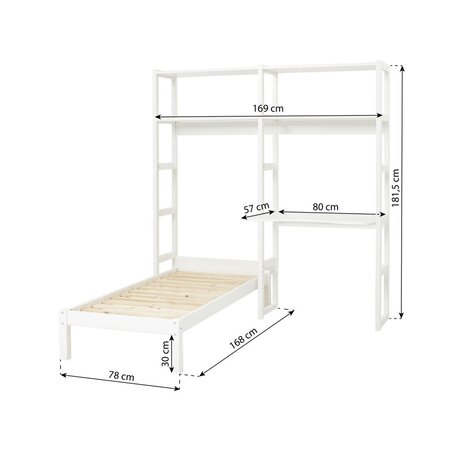 Hoppekids STOREY Bücherregal mit 2 Abschnitten 4 Einlegeböden Bettgröße 70x160 cm und Tischplatte 80 cm breit weiß