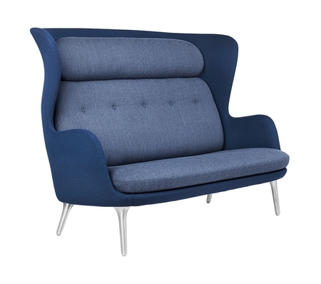 Fritz Hansen RO Sofa JH110 2 Sitzer Sofa Aluminium Beine - Blau, Stoff Schale Fiord 791 / Stoff Kissen: Fiord