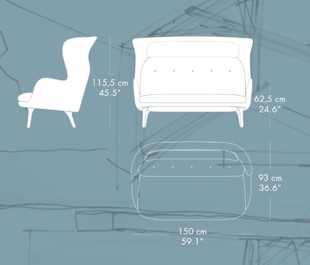 Fritz Hansen RO Sofa JH110 2 Sitzer Sofa Aluminium Beine