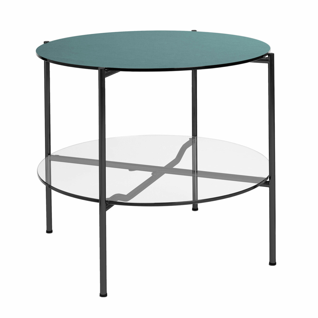 Embru Moser Tisch Modell 1752 Tiefschwarz pulverbeschichtet, Pewter 4155 - Nero 4023, Floatglas klar