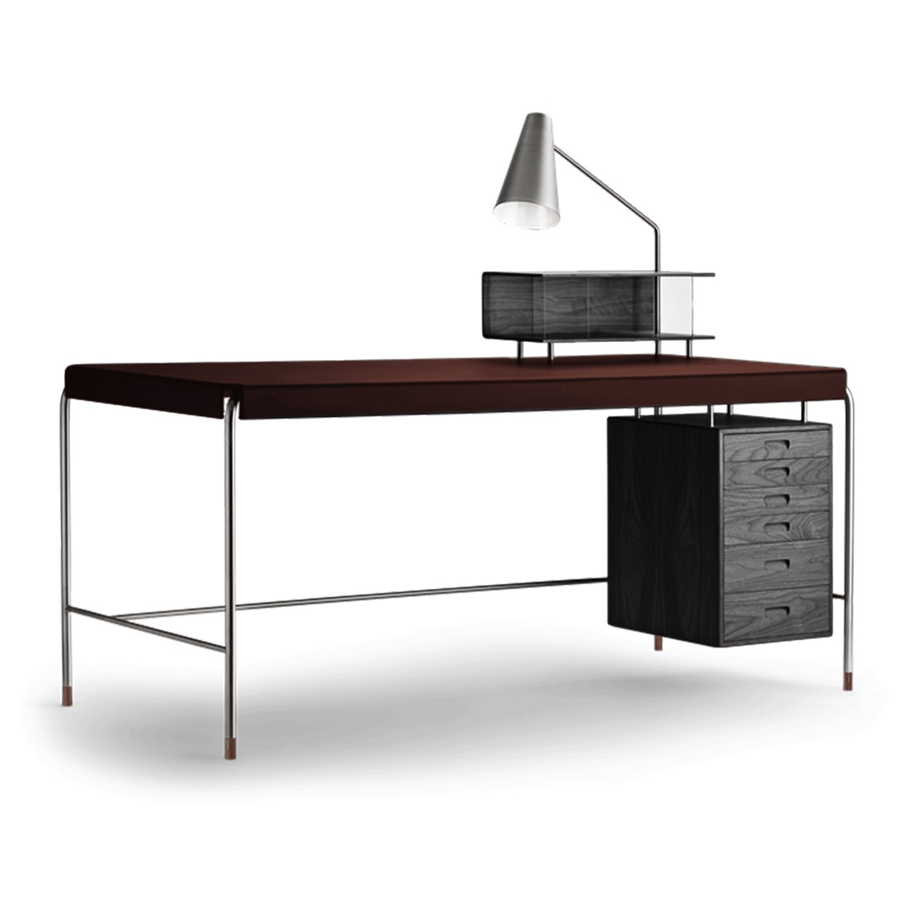 Carl Hansen & Søn Arbeitstisch 'Society Table' Braun 2068 - Leder 'Freja', Eiche Black lackiert, B: 140 cm / T: 70 cm 