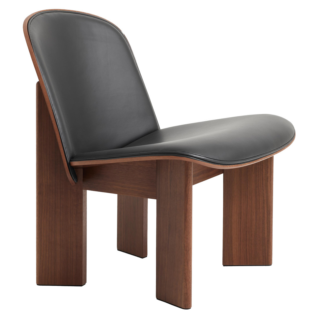 HAY Chisel Lounge Chair Front Upholstery Leather and Sheepskin Walnuss lackiert, Kunststoffgleiter, Schwarz - Leder Sense