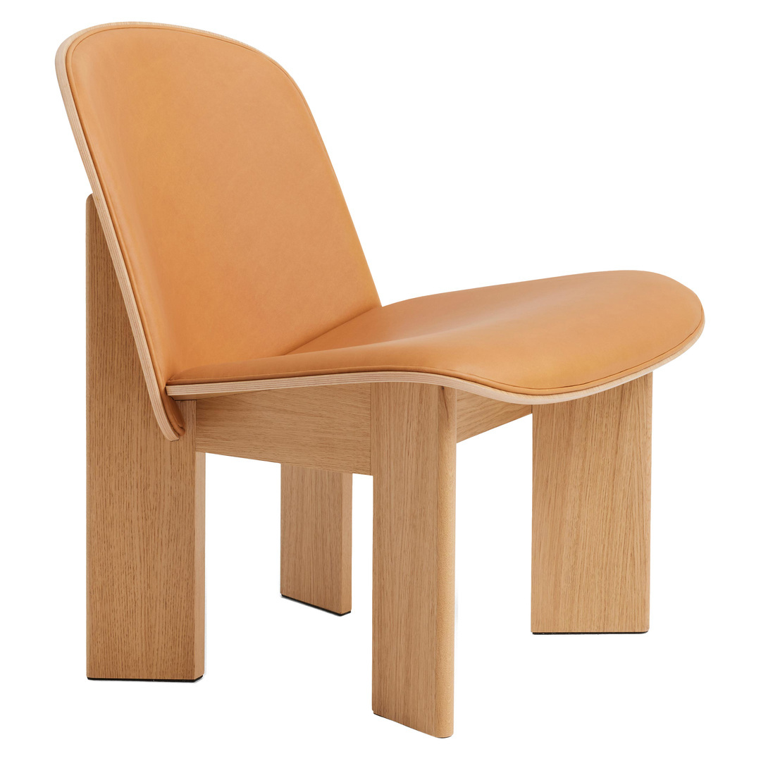 HAY Chisel Lounge Chair Front Upholstery Leather and Sheepskin Eiche lackiert, Kunststoffgleiter, Cognac - Leder Sense