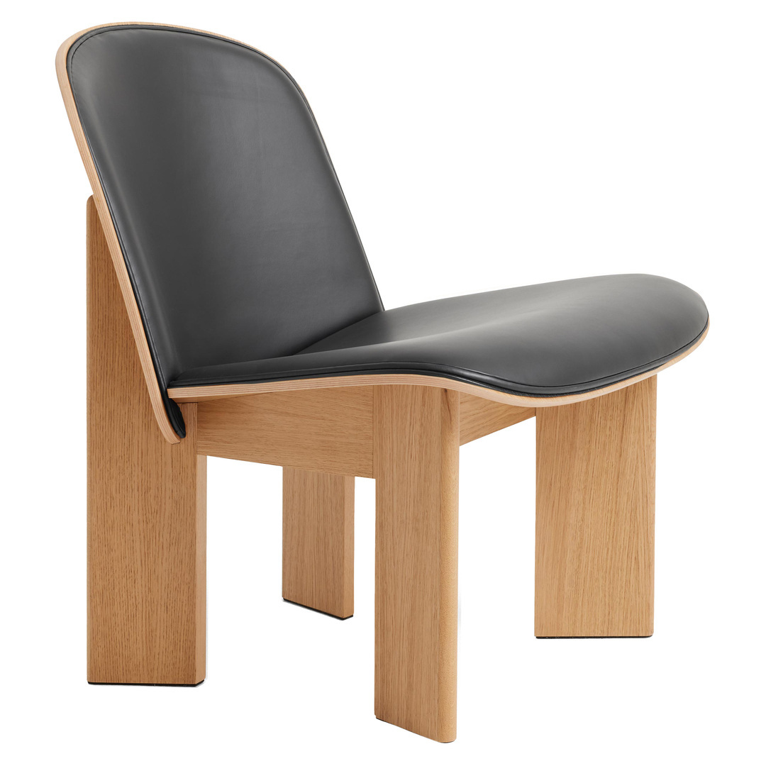 HAY Chisel Lounge Chair Front Upholstery Leather and Sheepskin Eiche lackiert, Kunststoffgleiter, Schwarz - Leder Sense