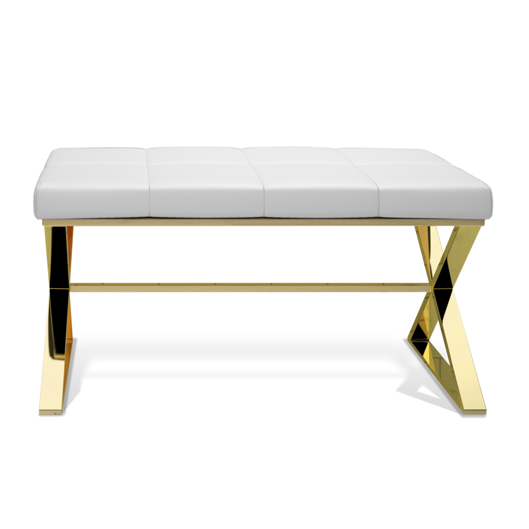 Decor Walther Bench - Sitzbank: Gold PVD - Eco-Lederpolster weiß	