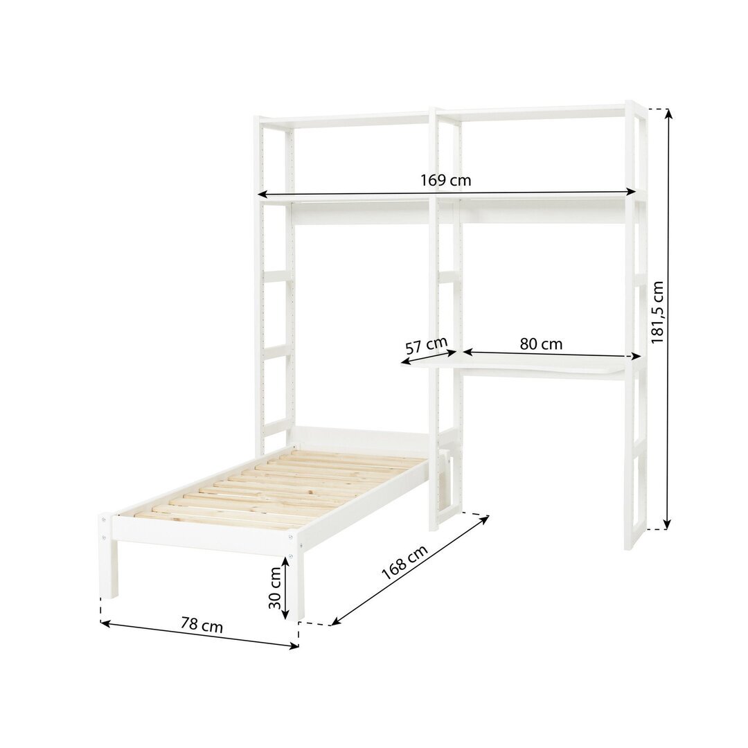 Hoppekids STOREY Bücherregal mit 2 Abschnitten 4 Einlegeböden Bettgröße 70x160 cm und Tischplatte 80 cm breit weiß