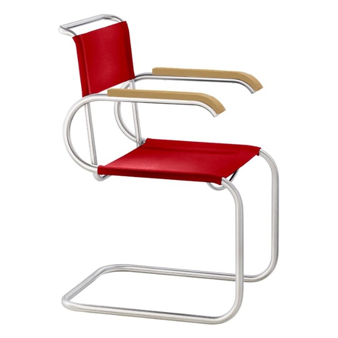 Tecta Tecta D40 Stühle Bauhaus-Gurt Rot, Buche Natur, Stahlrohr Vernickelt, Transparent, Gleitfläche Ptfe